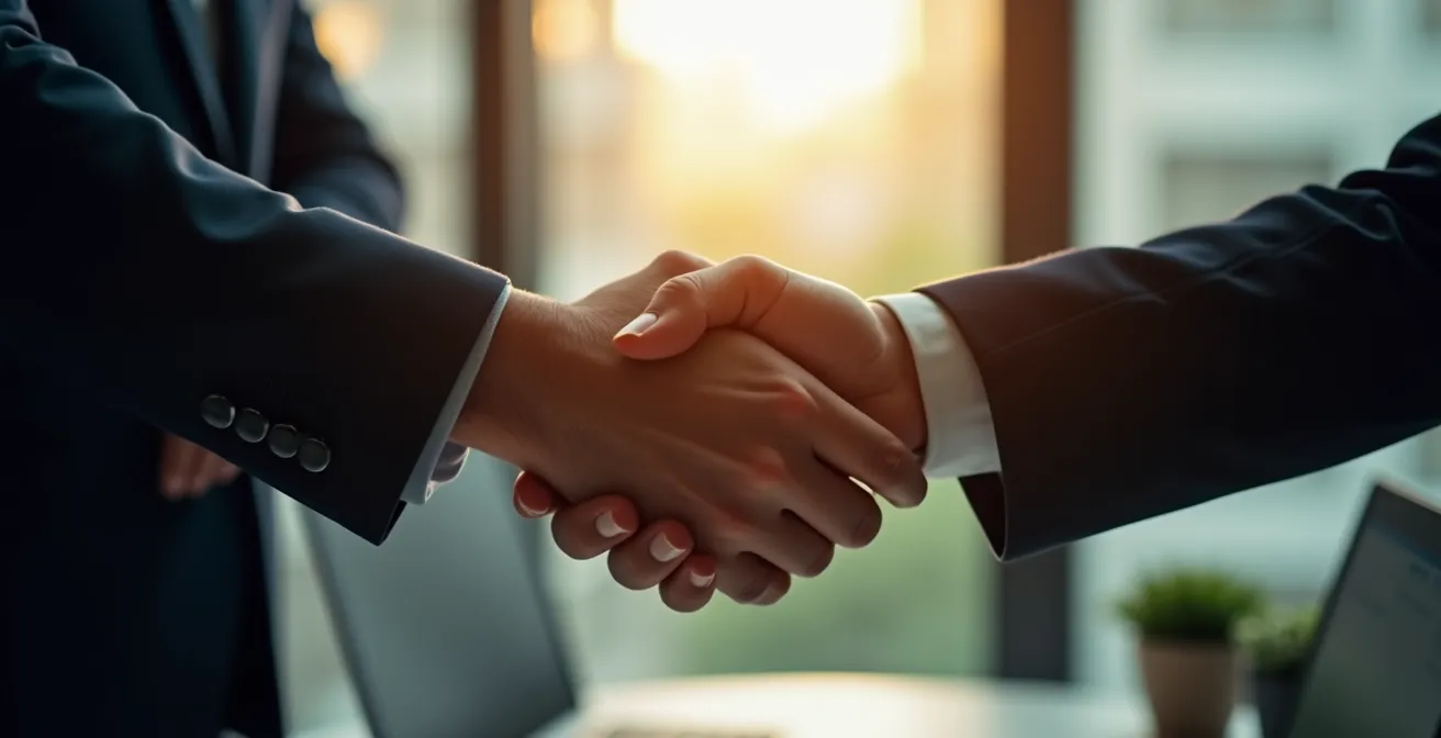 Respektvoller Handschlag zwischen Führungskraft und ausscheidendem Mitarbeiter