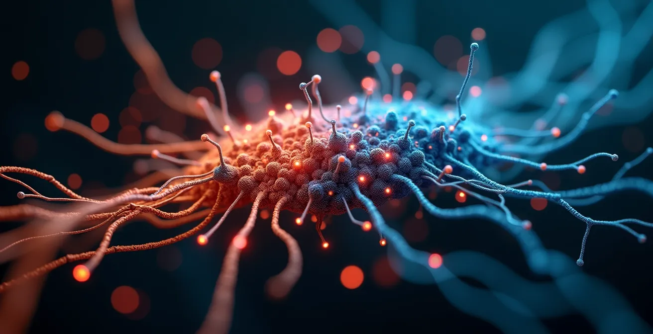 Makroaufnahme eines abstrakten neuronalen Netzwerks mit kontrastreichen Verbindungen, die Angst und Innovation symbolisieren