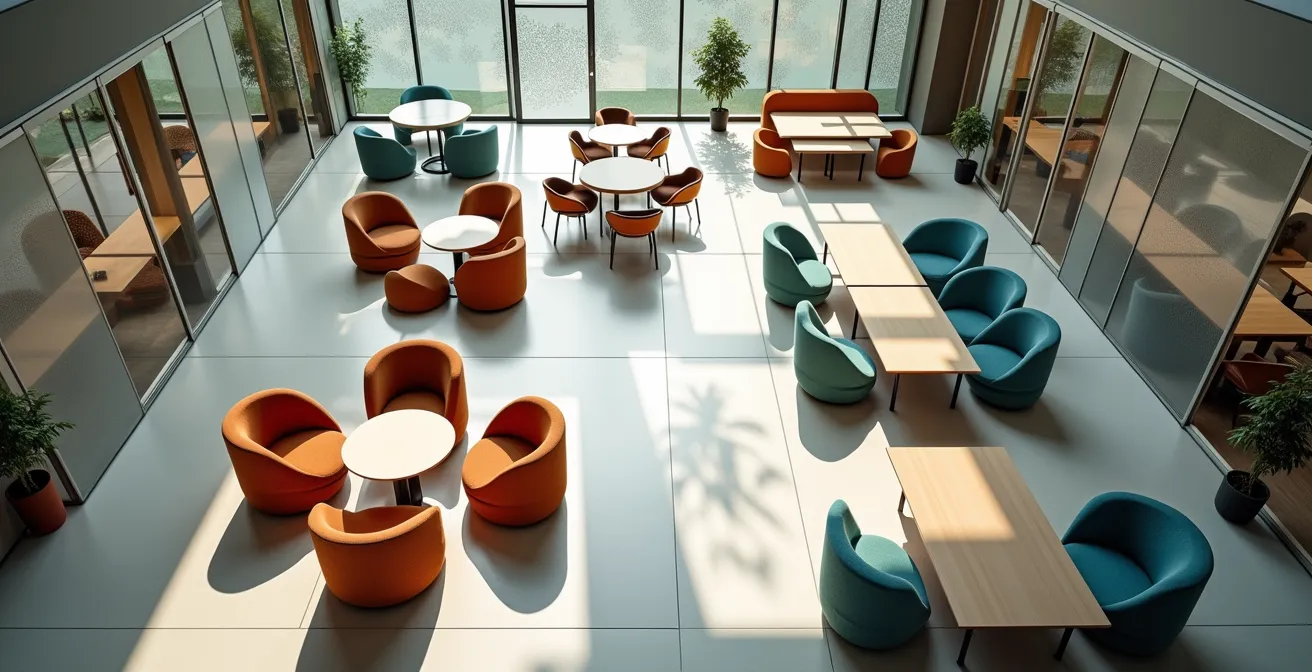 Moderne Bürolandschaft mit flexiblen Arbeitsbereichen und Kollaborationszonen