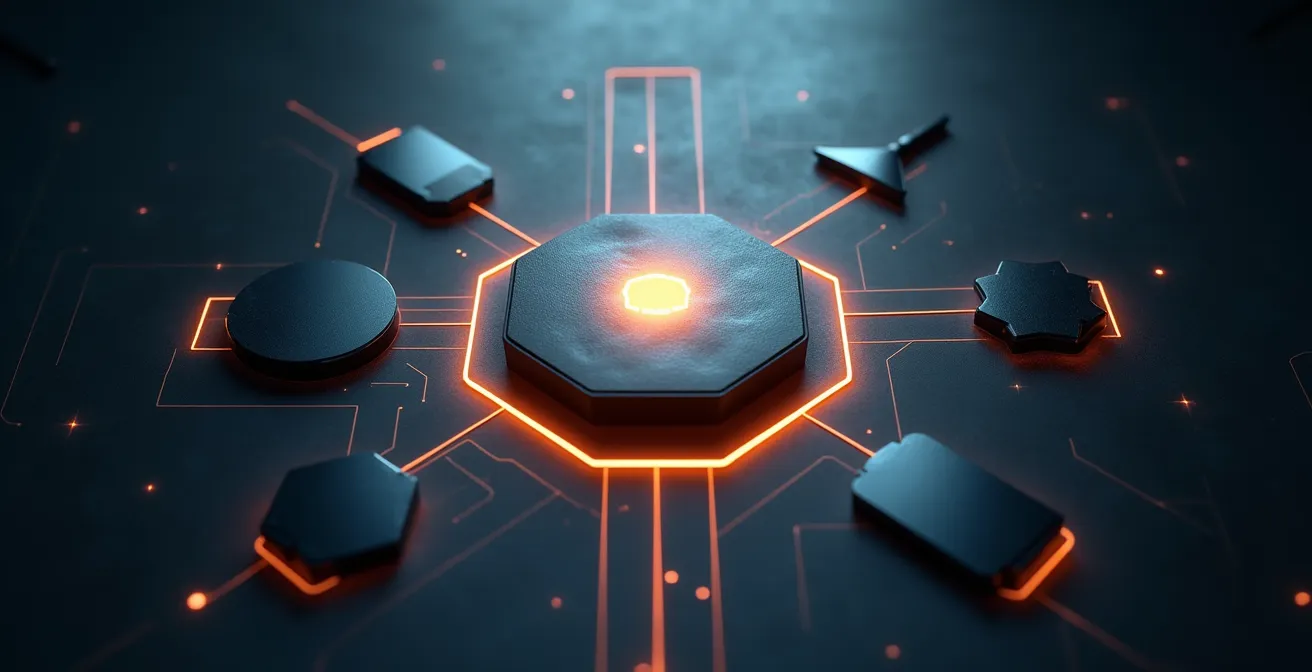 Abstrakte Darstellung einer API-Gateway-Architektur mit verschiedenen Kanälen