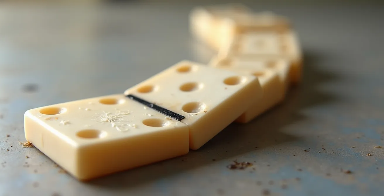 Metaphorische Darstellung des Second Mover's Dilemma mit Dominosteinen, die Risse zeigen