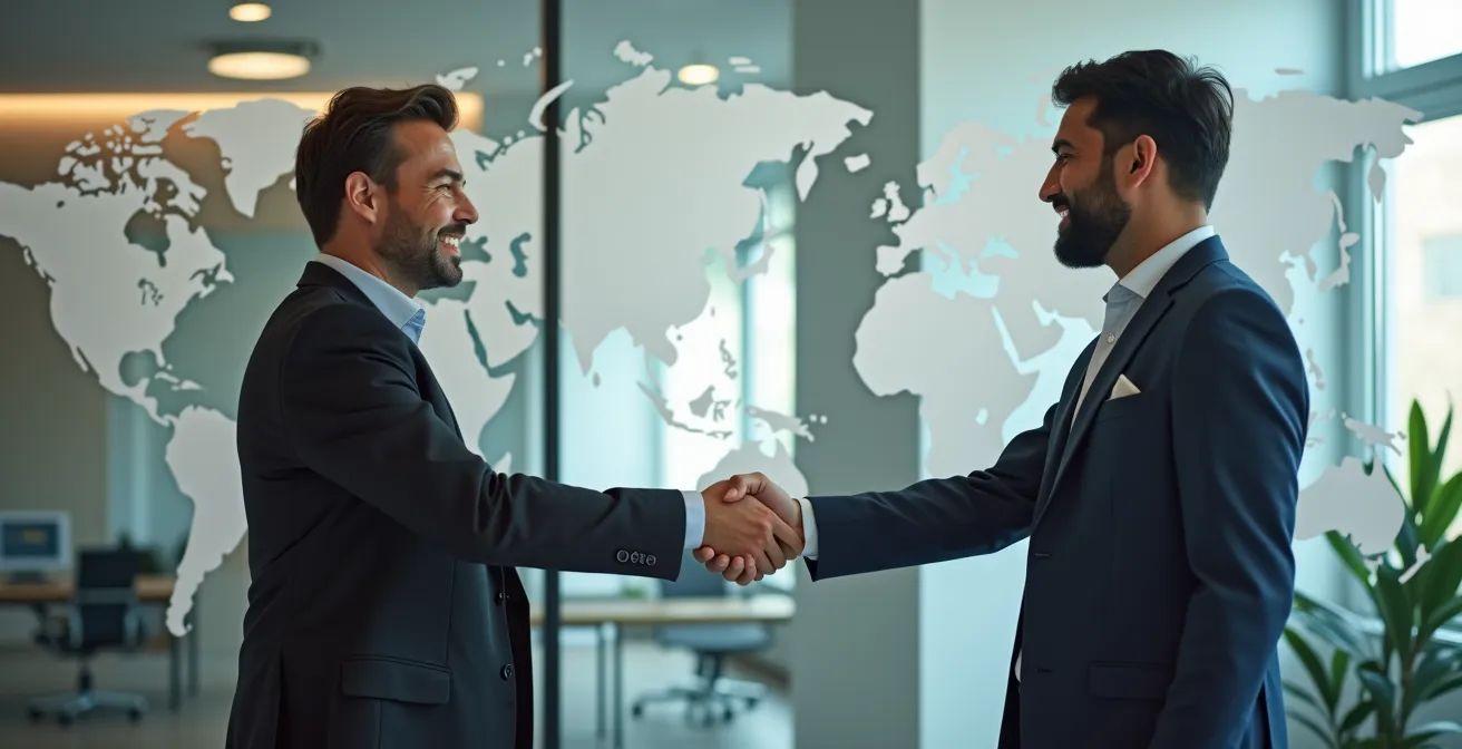 Grafische Darstellung der internationalen IT-Rekrutierung, die einen Geschäftsführer in Deutschland mit einem IT-Spezialisten in Indien über ein Employer of Record Modell verbindet.