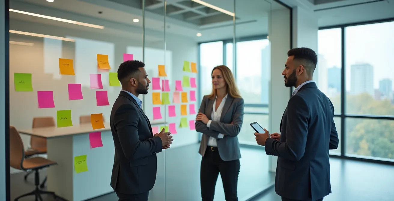 Geschäftsteam beim kreativen Brainstorming mit bunten Notizzetteln an einer Glaswand