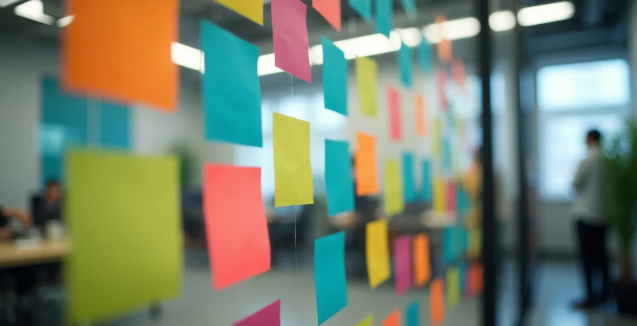 Team bei einer Mikro-Retrospektive mit Notizen an Glaswand