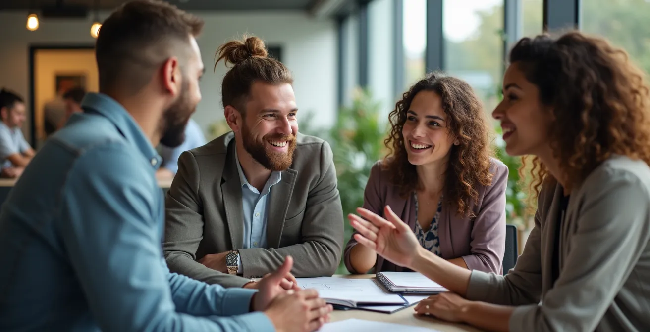Büroatmosphäre zeigt Mitarbeiterengagement durch Körpersprache