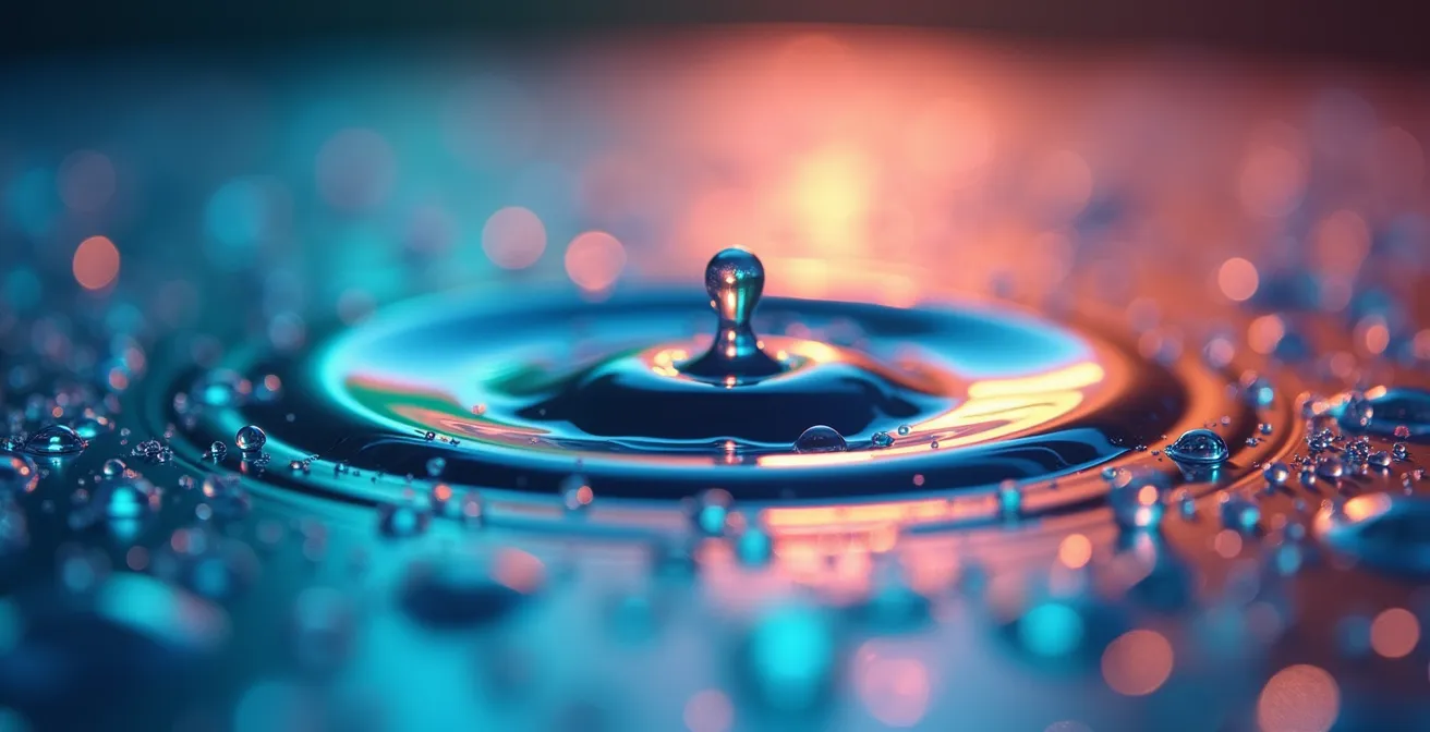 Makroaufnahme von Wassertropfen auf einer Oberfläche mit Lichtbrechung