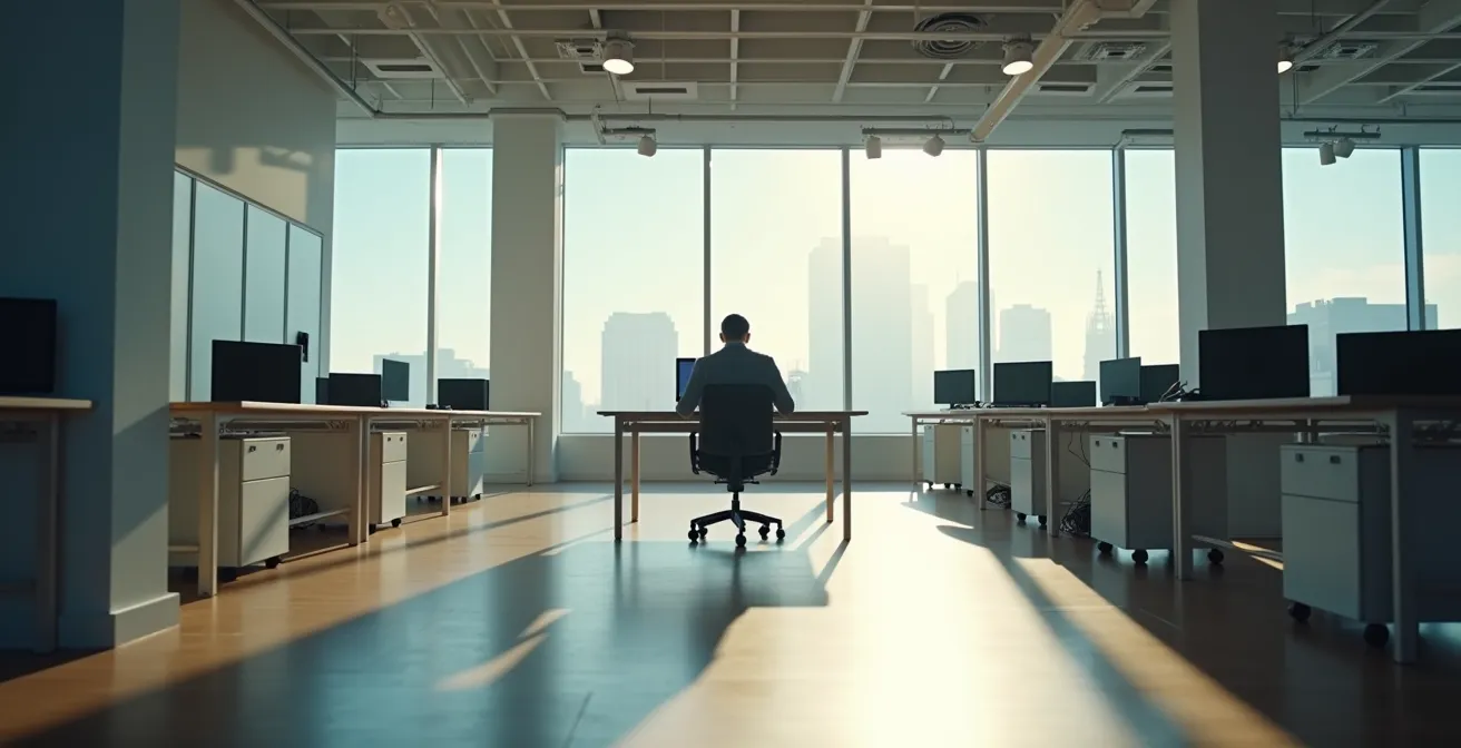 Neuer Mitarbeiter allein am Schreibtisch in leerem Grossraumbüro