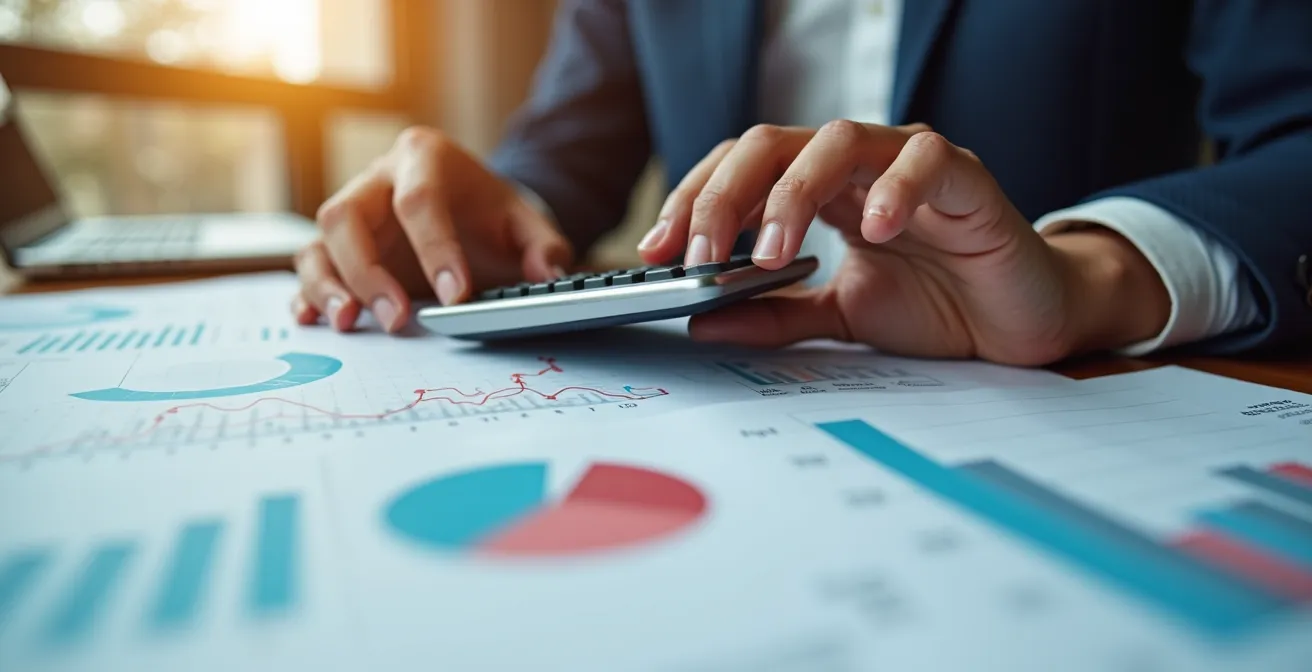 Eine Geschäftsperson analysiert Finanzdiagramme mit einem Taschenrechner in einer professionellen Büroumgebung.