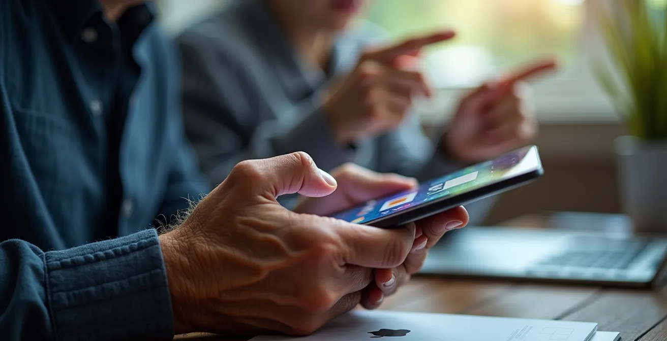 Makroaufnahme von erfahrenen Händen eines Senior-Beraters, die ein Tablet halten, während jüngere Hände im Hintergrund auf abstrakte Datenvisualisierungen zeigen.