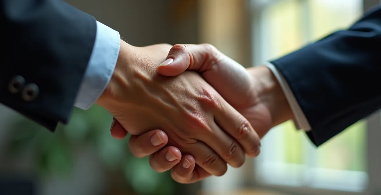 Kundenservice-Mitarbeiter löst erfolgreich ein Problem und besiegelt es mit einem Händedruck