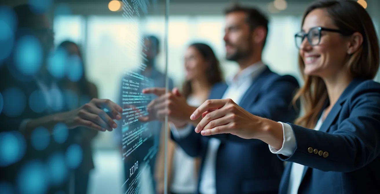 Nahaufnahme von Händen die abstrakte Datenvisualisierungen in der Luft berühren