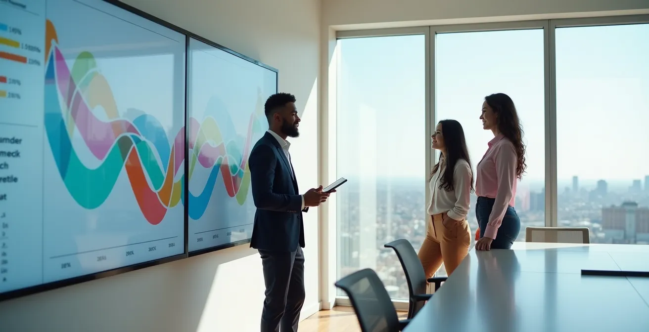 Mitarbeiterteam betrachtet visuelle Erfolgsdaten auf grossem Wandbildschirm