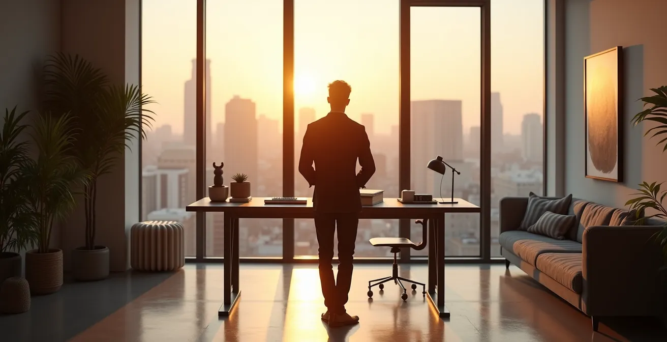 Ein Top-Performer arbeitet autonom in einem modernen, weiten Arbeitsbereich mit Blick auf eine Stadt