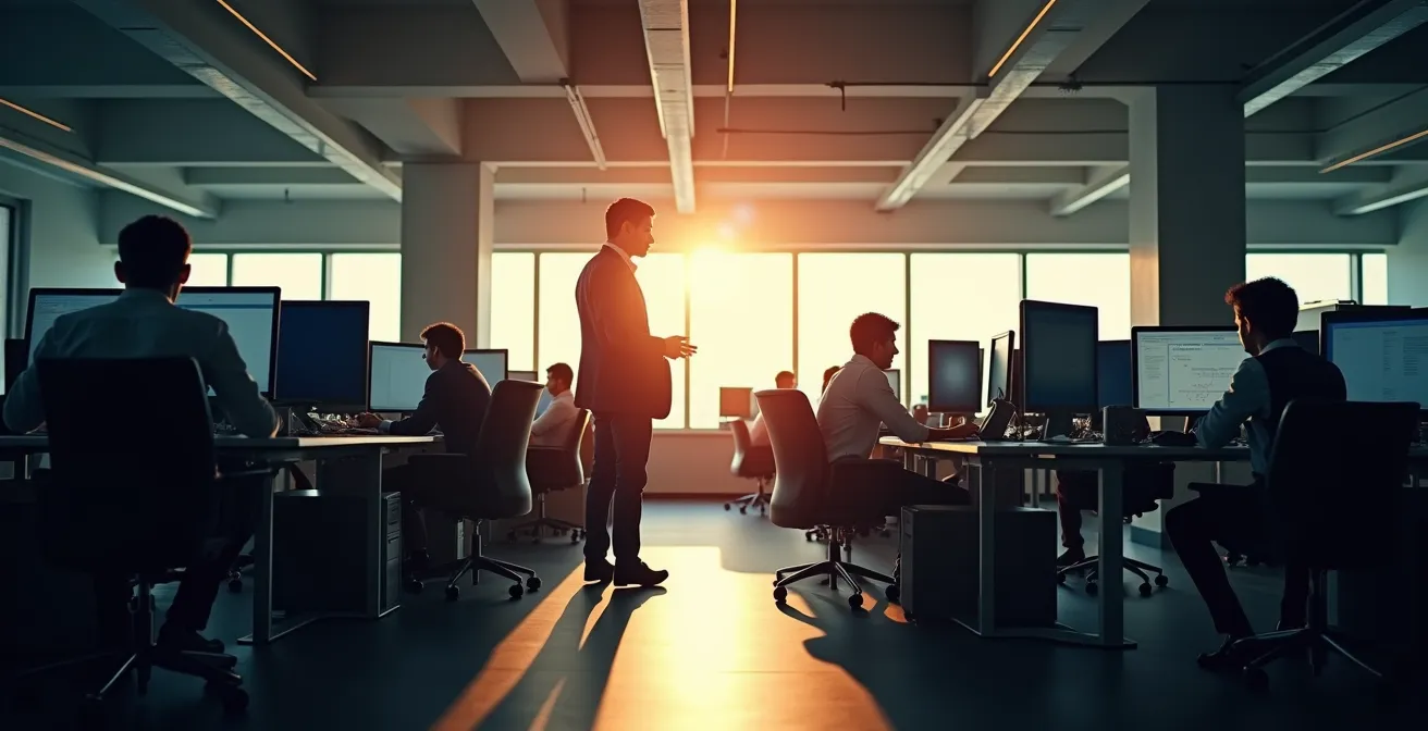 Gestresster Manager isoliert von seinem distanzierten Team