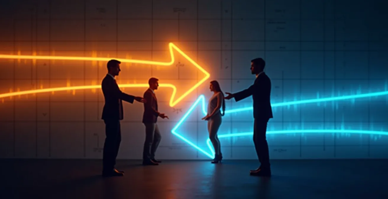 Abstrakte Darstellung von widersprüchlichen KPI-Pfeilen die ein Team auseinanderziehen