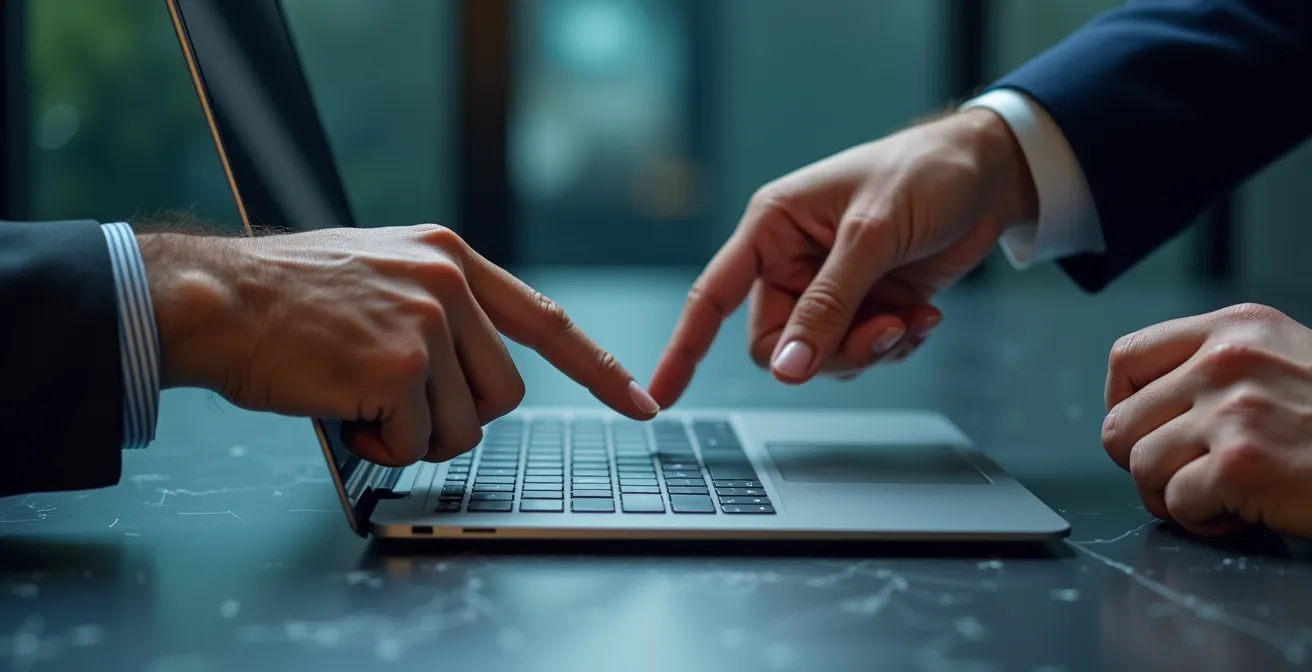 Geschäftspersonen analysieren gemeinsam Daten auf einem Laptop-Bildschirm während einer Verhandlung